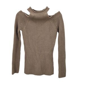 90s EAC Womens Cold Shoulder Ribbed Knit Sweater Sz S Cotton Blend Neutral Tan